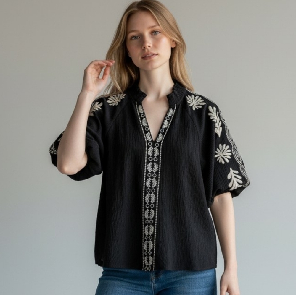 THML Black Embroidered Peasant Blouse with Cream Floral Accents
